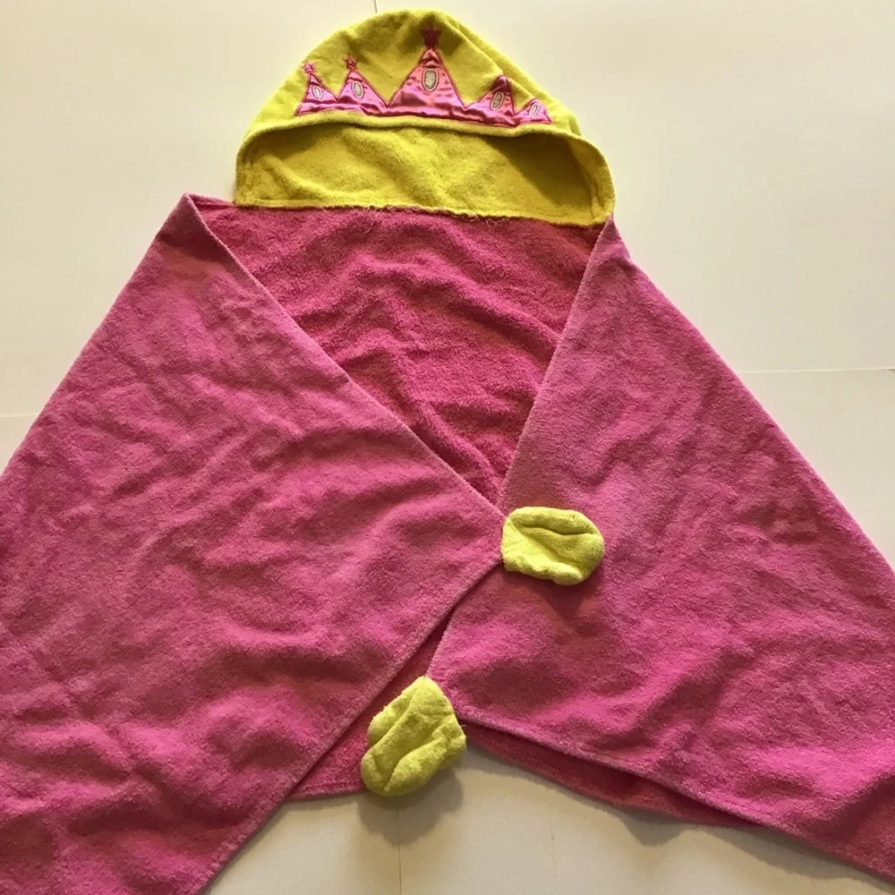 Pink Princess Hooded Bath Towel Toddler Girl Yellow Mittens Appliqué Crown